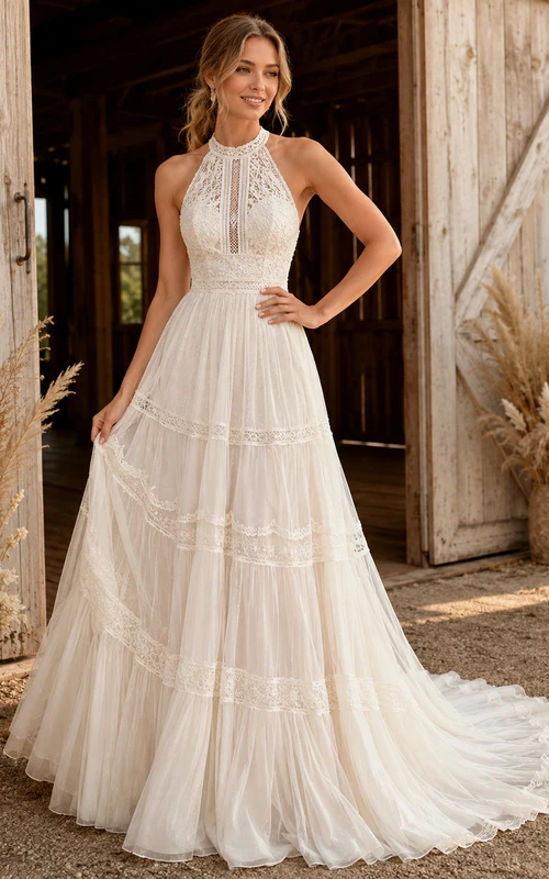 Robe de mariée chapelle en tulle dos nu à volants et dentelle, coupe trapèze