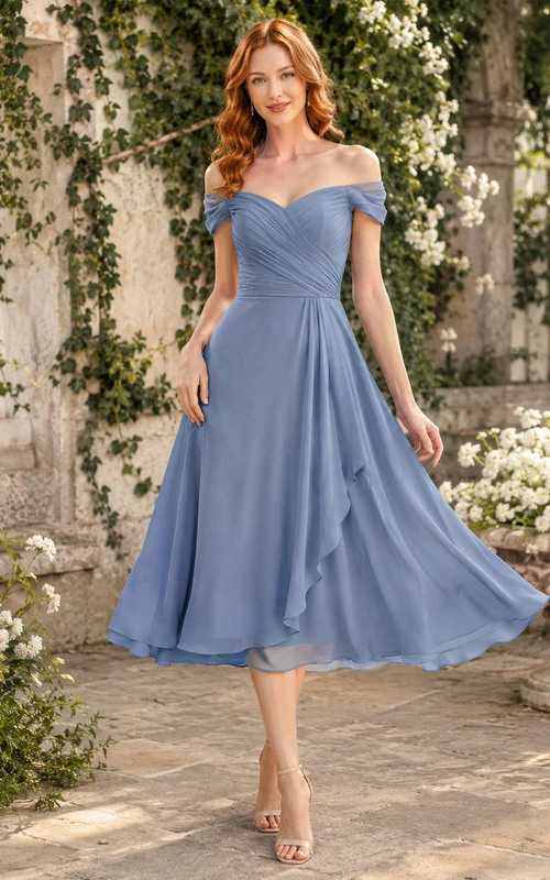 Steel Blue Romantic Garden Wedding Guest Dress A-Line Chiffon Off Shoulder Sleeveless Tea-Length Full Skirt
