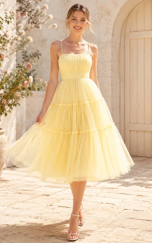 Daffodil Layered Tulle Spaghetti Strap A-Line Tea-length Flowergirl Dress