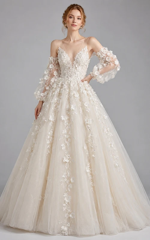 Detachable Floral Sleeve Tulle Ball Gown Studio Bridal Dress