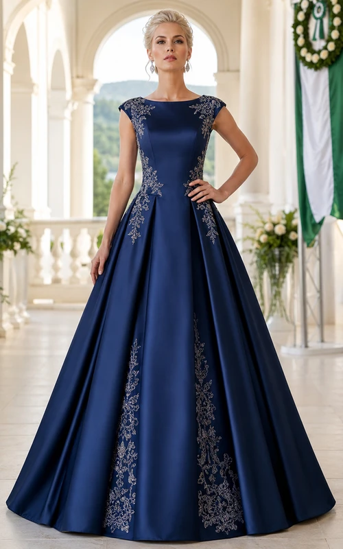 Elegantes, dunkelblaues Satin-Ballkleid in Bodenlänge mit U-Boot-Ausschnitt und kurzen Ärmeln