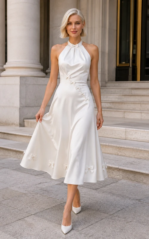 Weißes, wadenlanges Brautkleid aus Satin mit Neckholder und Bindeband am Rücken