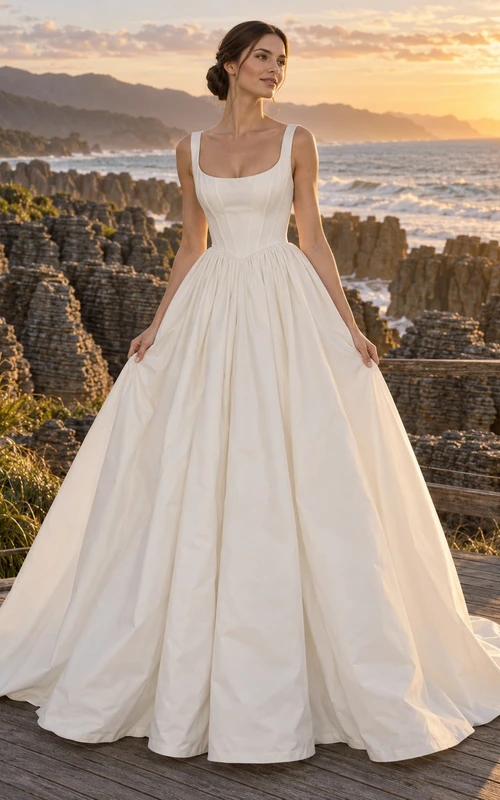 Einfaches Ballkleid mit Rundhalsausschnitt und breiten Trägern – Brautkleid