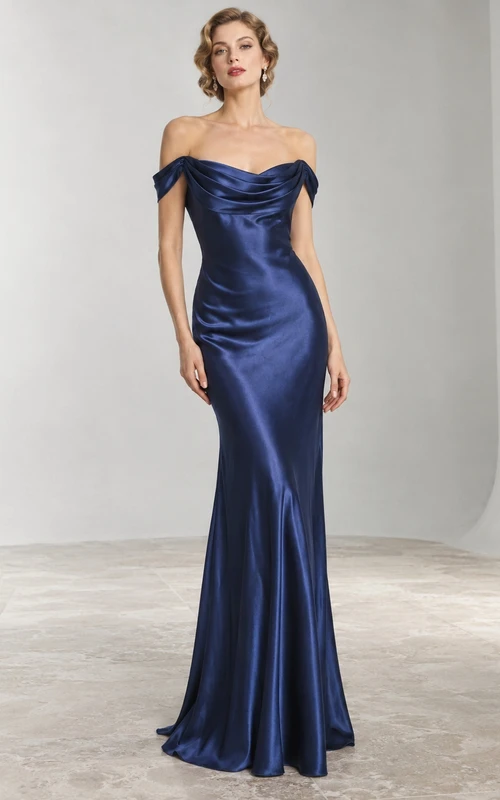 Robe de soirée simple en satin bleu roi à épaules dénudées et col bénitier, années 1930