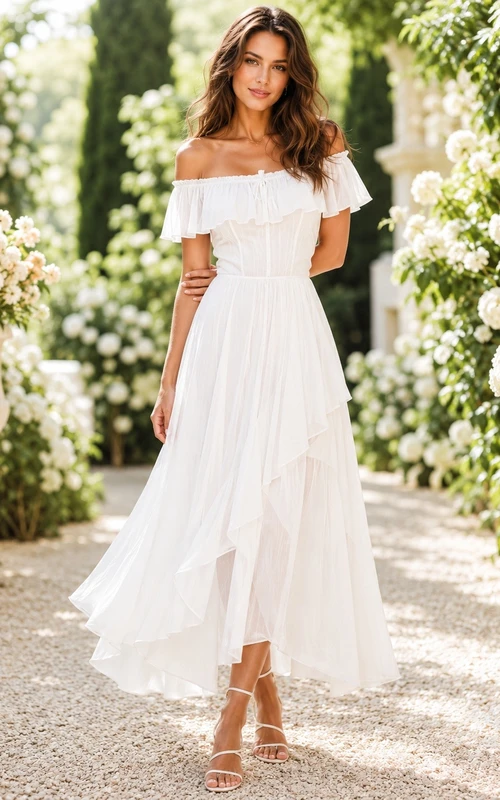 Boho-Kleid aus weißem Chiffon mit schulterfreiem, asymmetrischem Saum für Gartenpartys