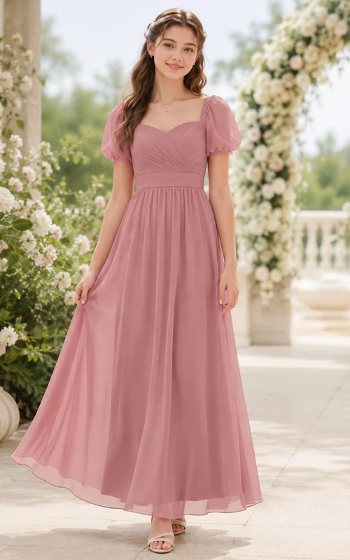 Vestido de dama de honor juvenil color rosa empolvado, corte en A, escote corazón, manga corta, falda abullonada/globo plisada, estilo romántico.