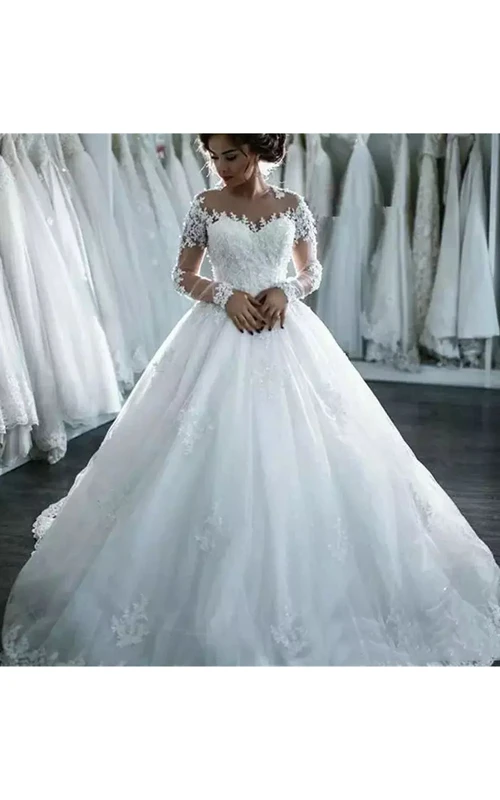 Jewel Court Train Lace Tulle A-Line Ball Gown Princess Wedding Dress