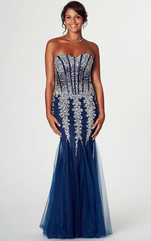 Maxi Meerjungfrauen-Abendkleid mit herzförmigem Ausschnitt, Perlenbesatz und ärmellosem Tüllbesatz