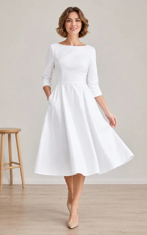 Weißes Midikleid in A-Linie mit Rundhalsausschnitt und Dreiviertelärmeln
