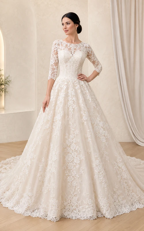 Robe de mariée romantique style bateau, manches trois-quarts en dentelle, coupe chapelle