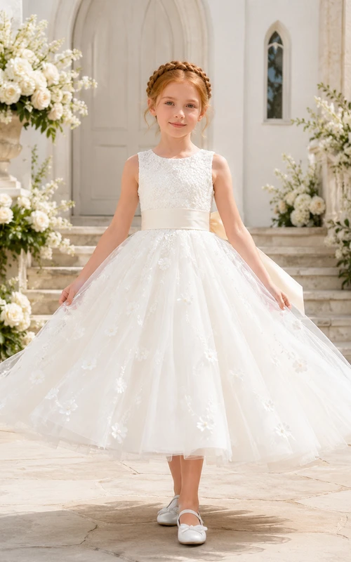 Flower Girl Dress Ivory Lace Tulle A-Line Scoop Neck Tea Length
