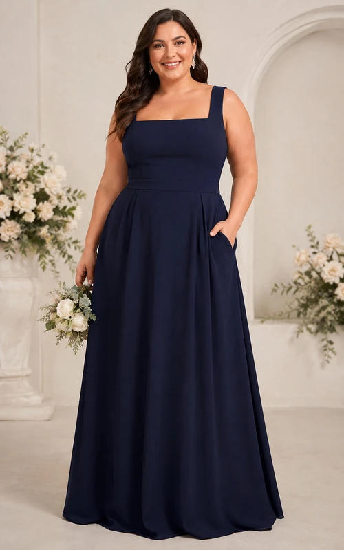 Plus Size Dark Navy A-Line Square Neck Bridesmaid Dress with Pockets