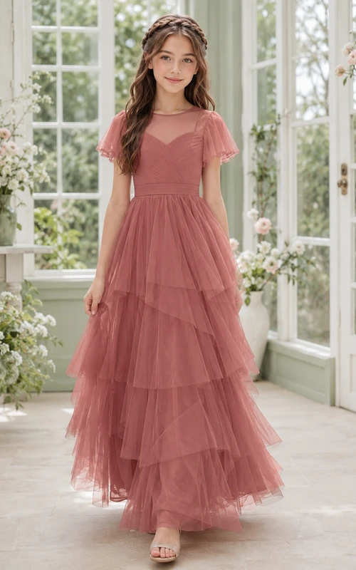 Elegante vestido de dama de honor juvenil de corte A, largo hasta el suelo, con mangas acampanadas, tul marrón y escote corazón.