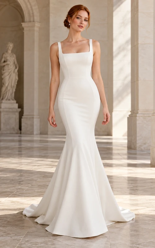 Simple Mermaid Square Neck Satin Sleeveless Sweep Train Wedding Dress