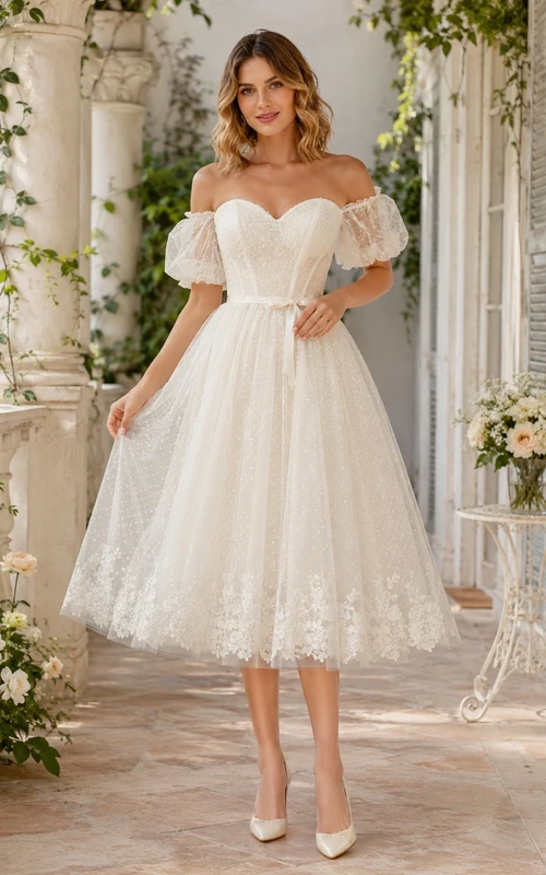 Vintage Teelänge, schulterfreies Brautkleid mit Herzausschnitt, Puffärmeln und Spitze aus Tüll