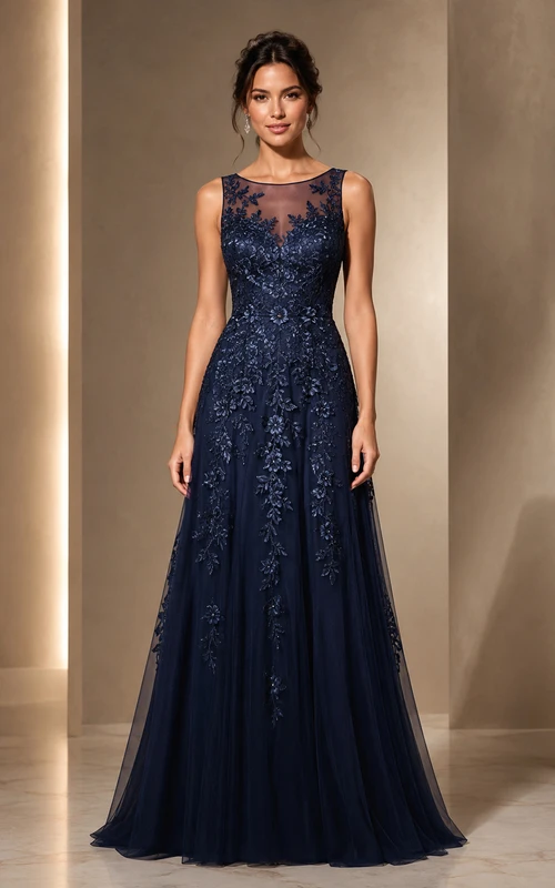 Vestido de fiesta de tul en azul marino oscuro, vestido largo hasta el suelo con corte en A color joya, apliques y encaje.