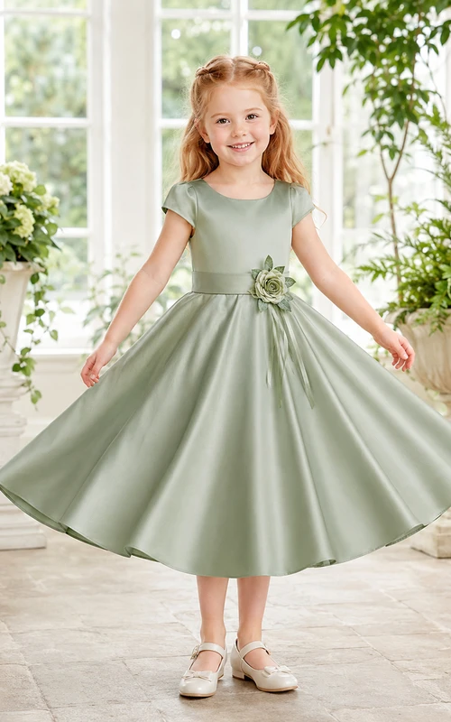 Robe de demoiselle d'honneur Sage Simple, longueur thé, coupe trapèze, en satin, col rond, manches courtes, à fleurs