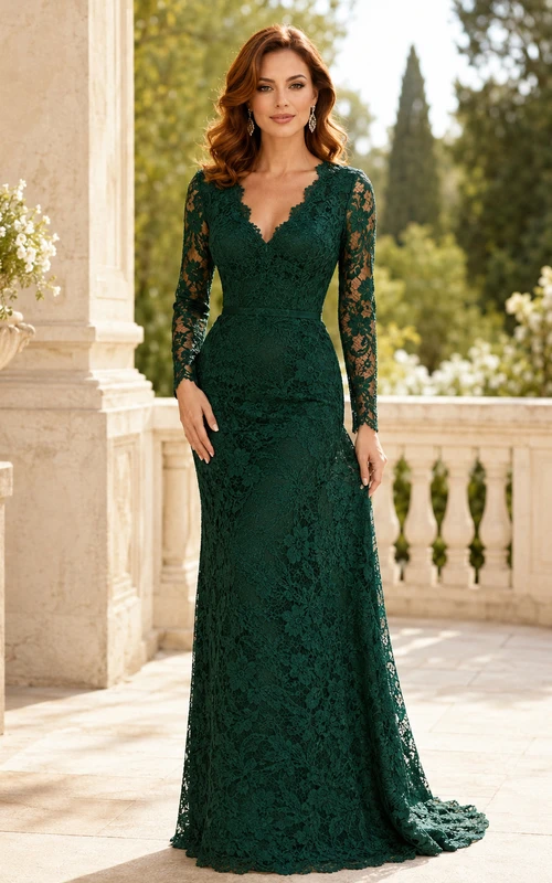 Robe sirène en dentelle vert foncé à manches longues