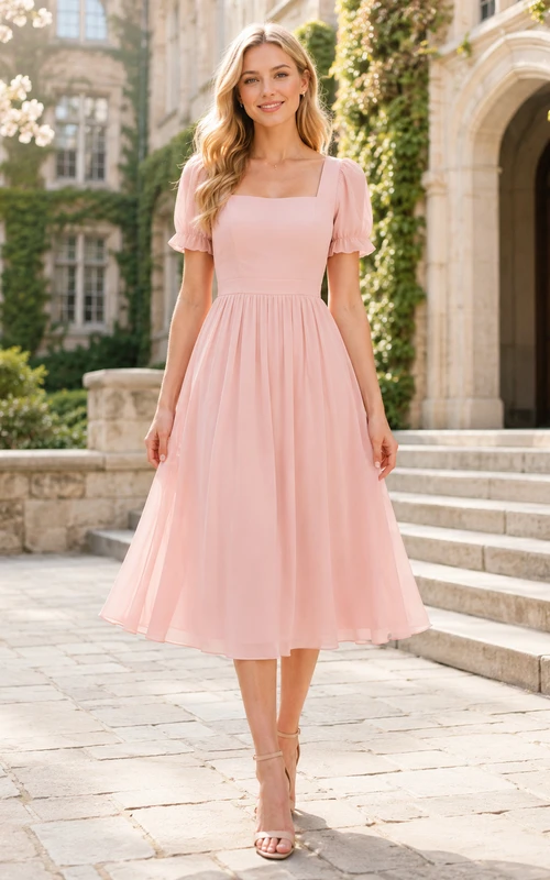 Blush Tulle Square Neck Puff Sleeve Tea-length Dress