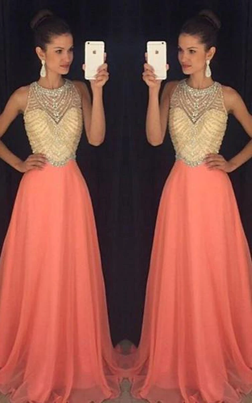 Vestidos de fiesta largos de gasa con lentejuelas y cristales, sin mangas, clásicos y con pedrería.