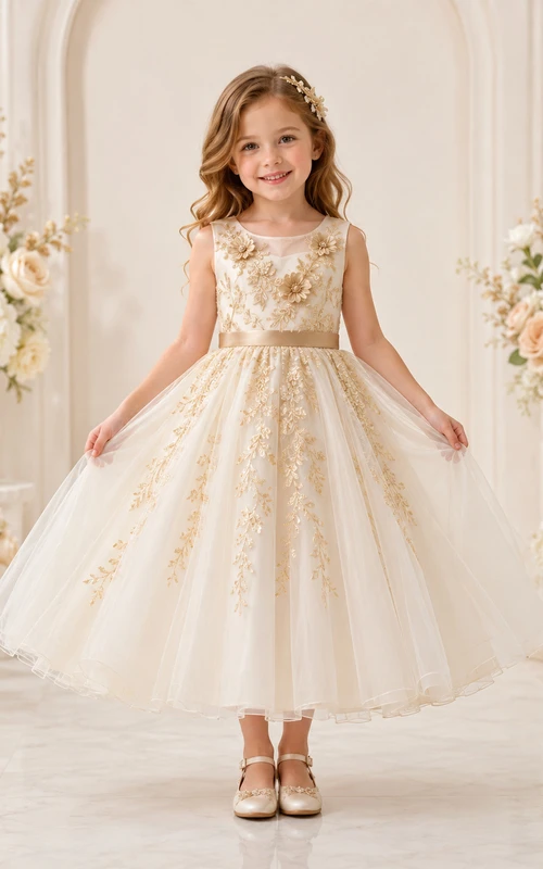 Champagnergoldenes, florales Tüll-A-Linien-Kleid für Blumenmädchen mit ärmellosen Applikationen und Schleife