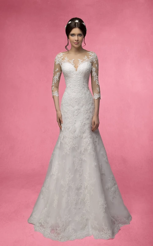 Robe sirène longue à manches 3-4 en dentelle illusion avec appliques