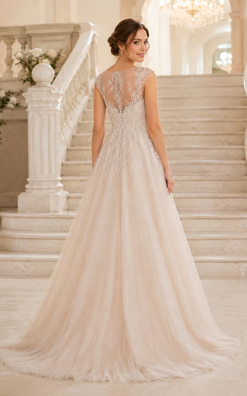 Vestido formal de corte A con escote en V y encaje de tul color champán