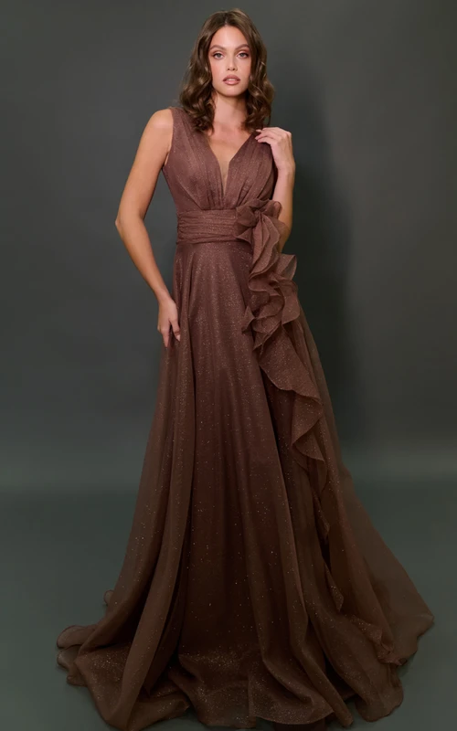 Robe marron sans manches à col en V et ourlet empire froncé