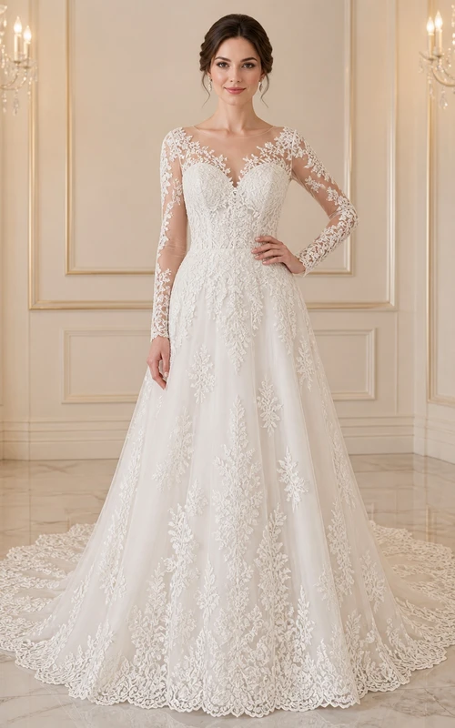 Vestido de novia catedral modesto de manga larga, corte A, estilo barco, con encaje floral y falda tipo catedral.