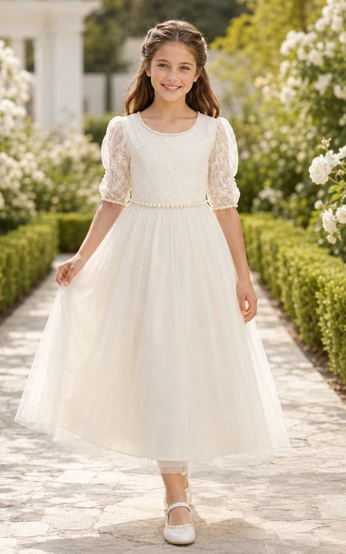 Vestido de comunión de niña de las flores, largo hasta la rodilla, con mangas abullonadas y espalda en V de encaje.