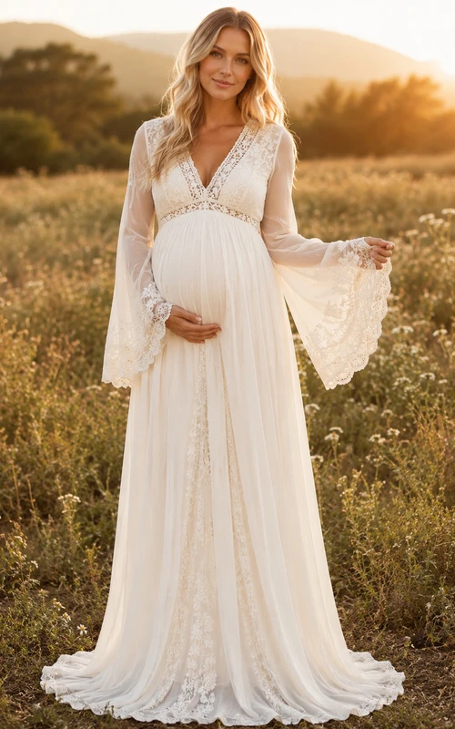 Boho-Umstandsbrautkleid, V-Ausschnitt, lange Glockenärmel, Spitze, Tüll, Landhausstil mit Schleppe