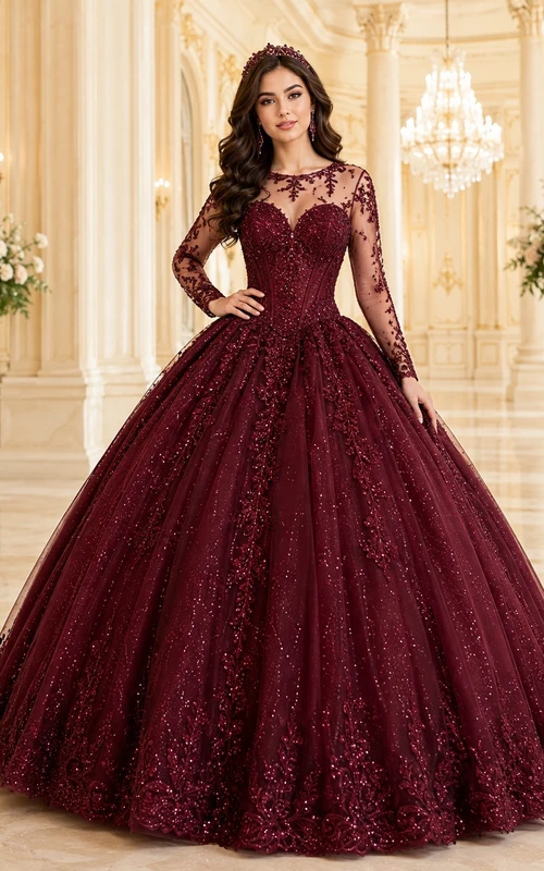 Burgunderfarbenes, langärmeliges Tüll-Ballkleid mit V-Ausschnitt und Spitze, perfekt für Quinceañeras