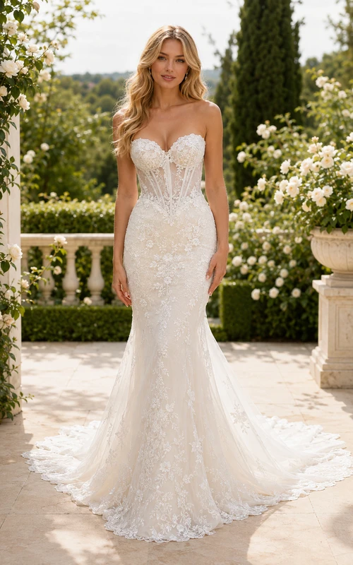 Strapless Lace Mermaid Wedding Dress with Chapel Train