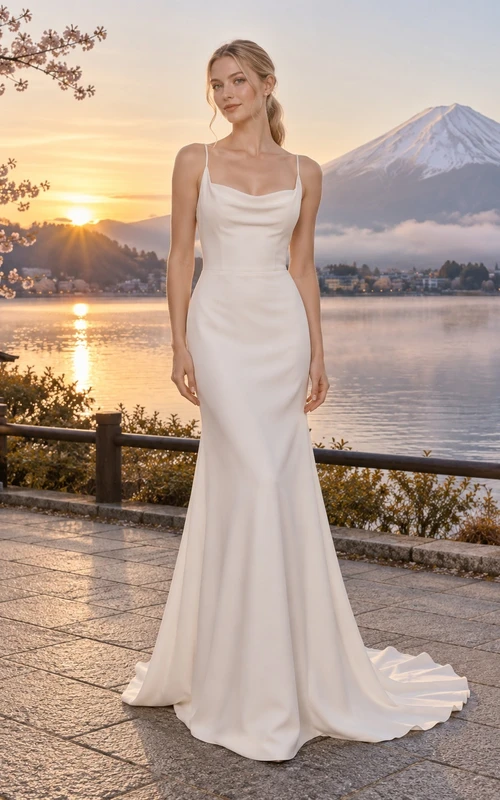 Schlichtes Meerjungfrauen-Brautkleid mit Wasserfallausschnitt, Spaghettiträgern und Schleppe