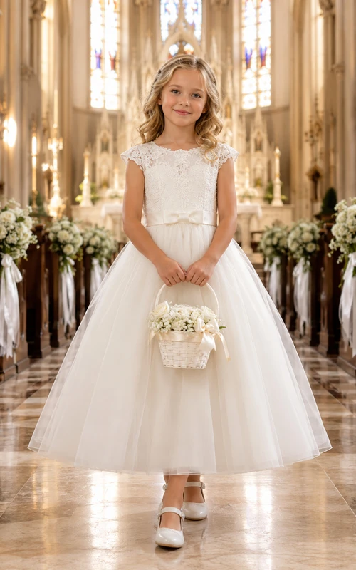 A-Line Cathedral Wedding Flower Girl Dress with Lace Bodice, Tulle Skirt, Satin Bow, Floor-Length Formal Ceremony Style