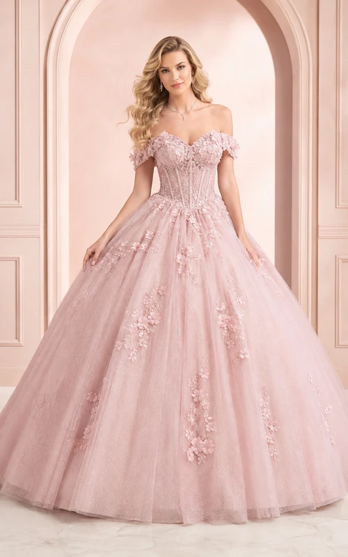 Vestido de gala formal de quinceañera/fiesta de princesa, rosa rubor, con hombros descubiertos, de tul con apliques florales.