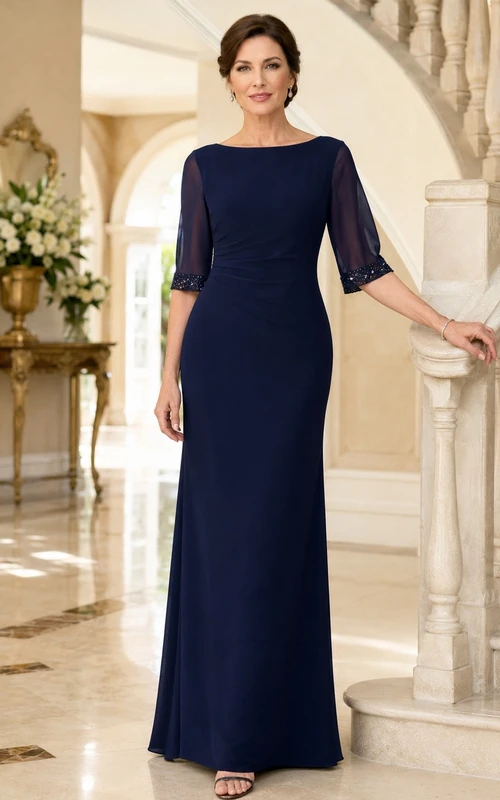 Navy Mother Bateau Three-Quarter-Sleeve Sheath Floor-Length Formal Dress