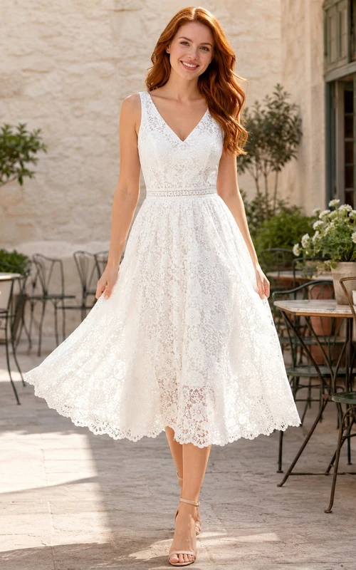 White Lace V-neck Sleeveless A-Line Tea-length Romantic Vintage Country Garden Cocktail Dress