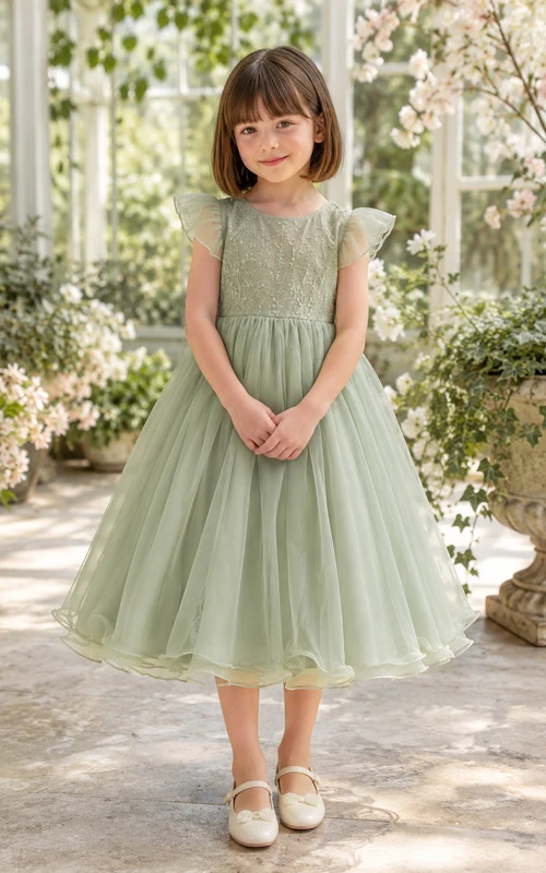 A-Line Spring Garden Flower Girl Dress with Cap Sleeves, Floral Lace Skirt, Full Tulle, Satin Waist, Spring Garden Ceremony Style