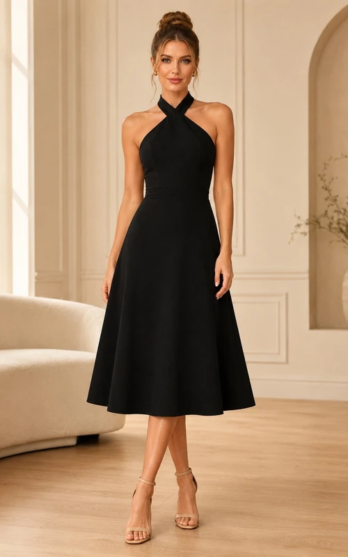 Vestido de cóctel sexy negro de satén con cuello alto, escote halter, corte en A y espalda descubierta, largo hasta la rodilla.