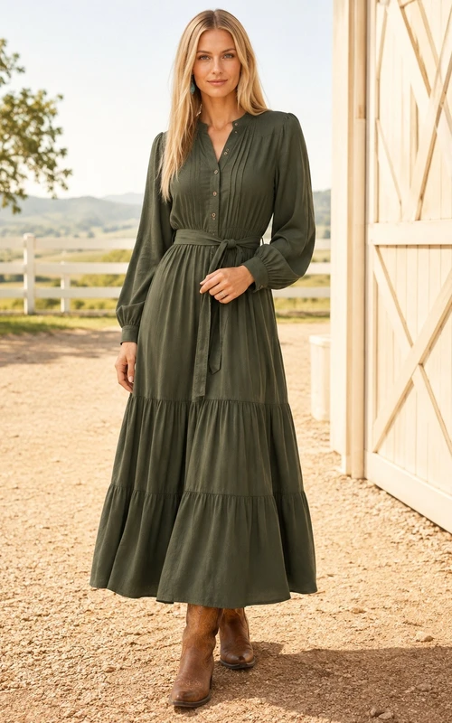 Olive Long Sleeve Tiered Country Midi Dress Classic