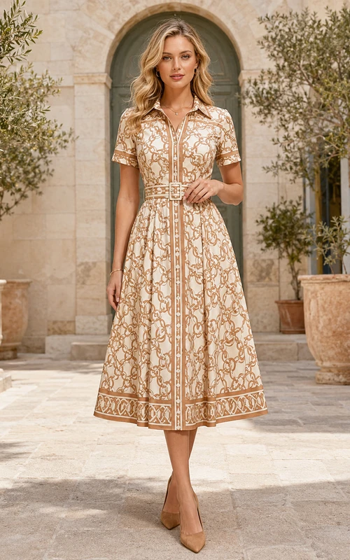 Beige Monogram Inspired Shirt Collar Belted Midi Dress