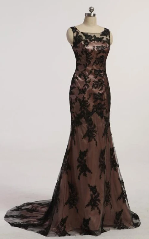 Nuevo vestido de fiesta negro estilo sirena con mangas redondeadas, encaje con cuentas y apliques de cristal.