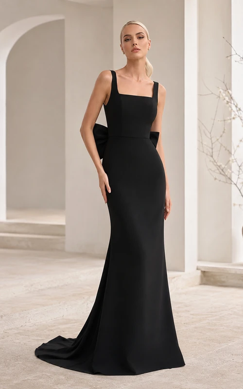 Modern Black Square Neck Sleeveless Bow Back Satin Sheath Sweep Train Wedding Dress