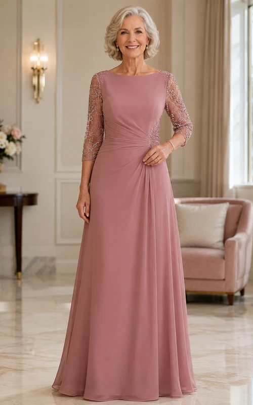 Dusty Rose Floor-Length A-Line Modest Grandmother of the Bride Gown with Bateau Neck Beaded Illusion Three-Quarter Sleeves