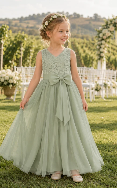 Salbeigrünes, ärmelloses A-Linien-Kleid aus Spitze und Tüll für Blumenmädchen mit V-Ausschnitt und Teelänge sowie Schleifendetail.