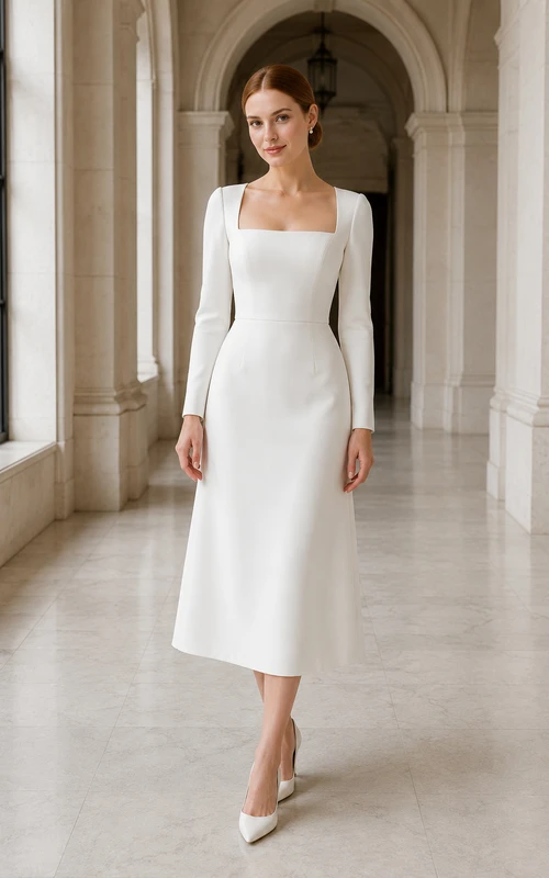 Robe de mariée en satin à manches longues et longueur thé