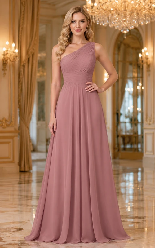 Grand Ballroom Formal Dusty Rose Simple Elegant A-Line Chiffon Bridesmaid Dress with One-Shoulder Sleeveless Floor-Length Pleated Open Back