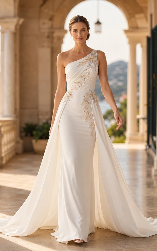 Modernes Brautkleid in Roségold mit drapiertem Etui-Schnitt, One-Shoulder-Ausschnitt, ärmellos, bodenlang, mit Schleppe
