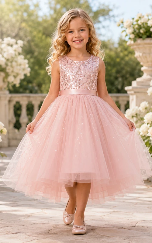 Blush Sequined Tulle Sleeveless A-Line Flower Girl Party Tea-Length Bow Dress